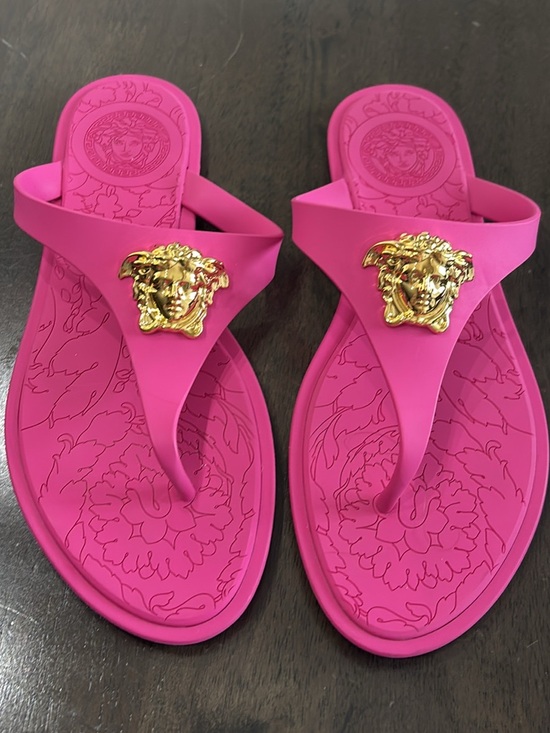 Versace Shoes - Versace Hot Pink Silicone Medusa Thong Sandals with Gold Emblem